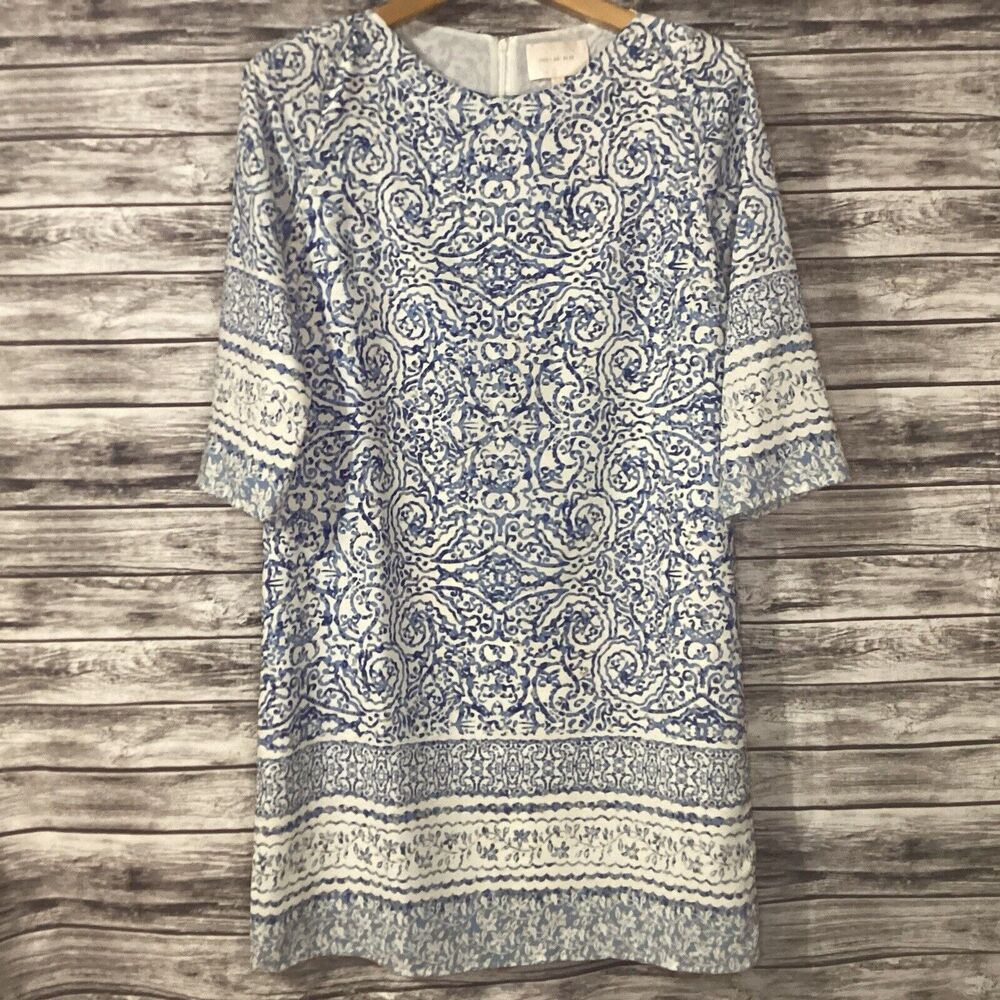 Skies Are Blue Shift Dress Womens Small Blue Abstract 3/4 Sleeve Lightweight